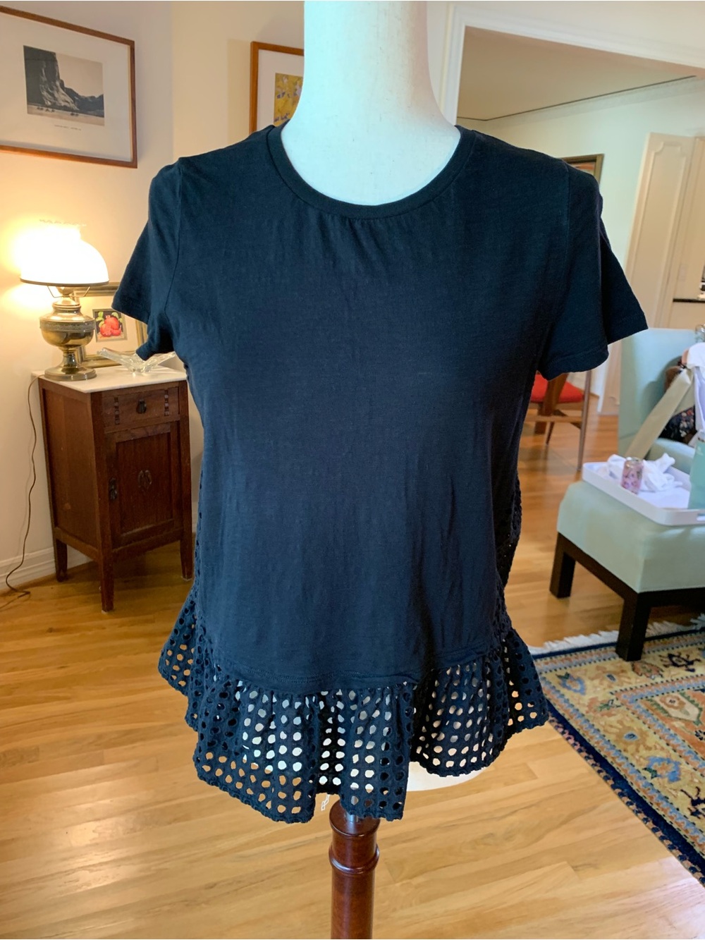 Kate Spade Broome Street Black Eyelet Peplum Tee – Size Small